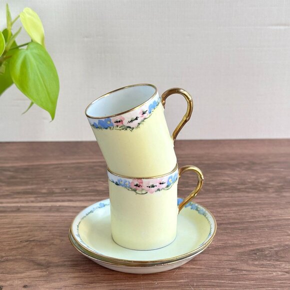 Hand Painted M. Eunson Espresso Cups & Saucers Lady Artist Porcelain UK